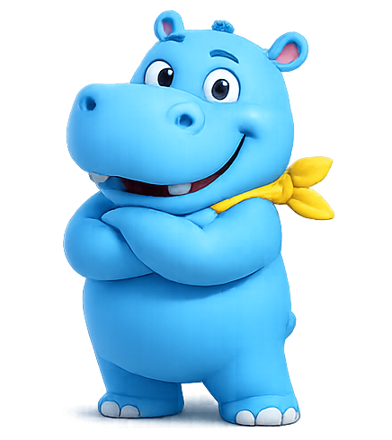 Blue hippo mascot with a yellow scarf standing with arms crossed