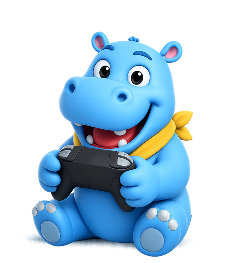 Blue hippo mascot sitting with a game controller