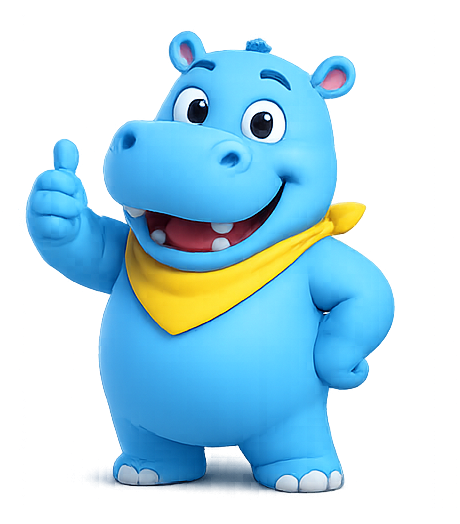 Blue hippo mascot giving a thumbs up